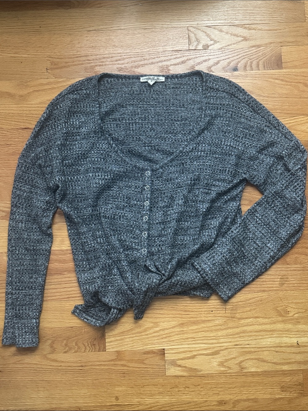 Express Gray Button-Front V-Neck Tie Knot Knit Top